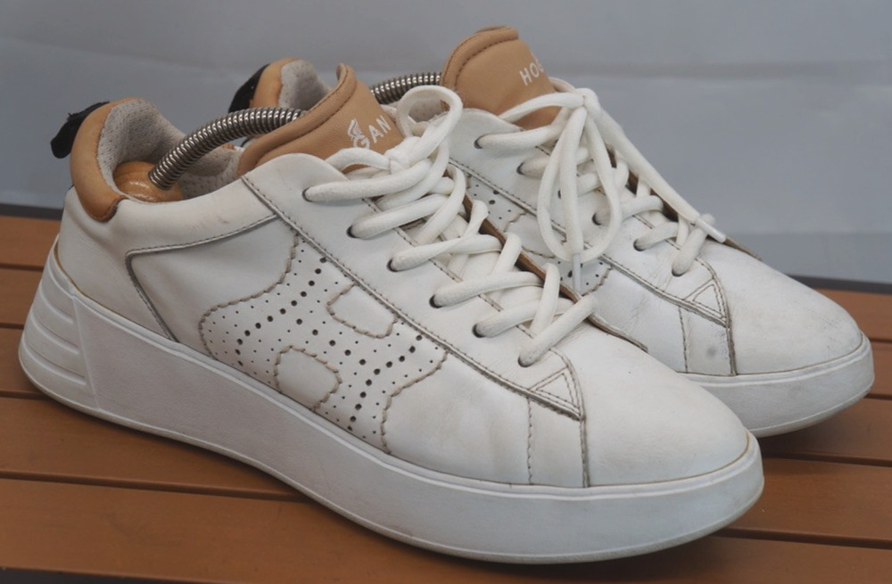 Hogan Rebel H562 White Leather Sneakers Tan Trim Perforated H Logo Size 39